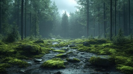 Obraz premium Misty forest stream flowing through mossy rocks in a dark, rainy woodland