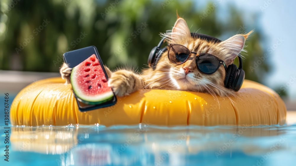 Poster Cat is floating in a pool with a watermelon and a cell phone