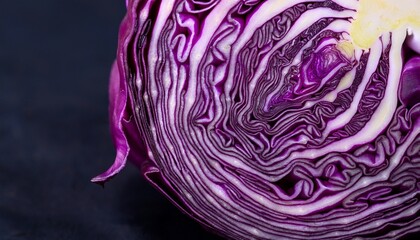 Obraz premium Macro photograph of a purple cabbage cross-section, highlighting its mesmerizing natural fractal patterns, vibrant colors, and intricate texture. 