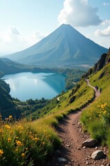 Fototapeta premium A scenic mountain trail winds beside a tranquil lake, offering breathtaking views of a majestic volcano under a vibrant sky