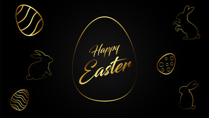 Happy Easter gold texture, golden luxury dark modern background. Easter holiday invitations templates collection with hand drawn lettering and gold easter eggs and rabbits. fashion illustration