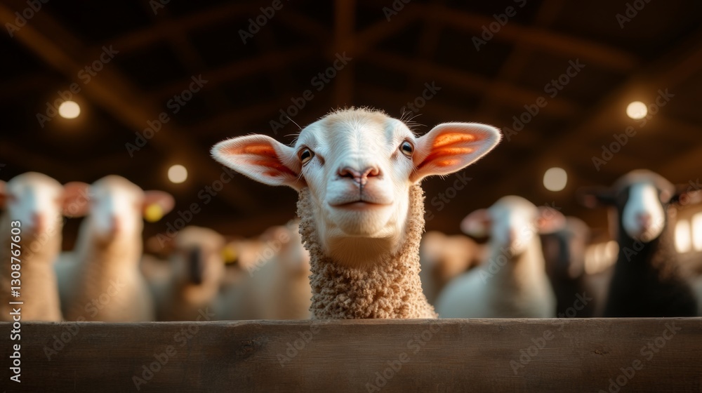 Poster sheep is looking at the camera with its ears up