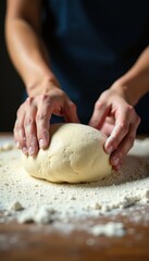 Obraz premium Hands kneading dough, flour dusting work surface, kitchen, wheat