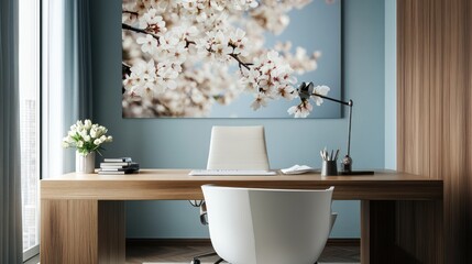 Modern office, blossom art, desk, chair, window view