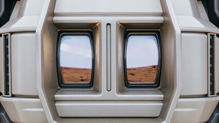 Futuristic vehicle's windows reflect vast desert landscape.