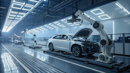 A futuristic vehicle inspection bay featuring advanced robotic arms scanning and analyzing every detail of a car, from the engine to wheels, with digital screens displaying real-time diagnostic data.
