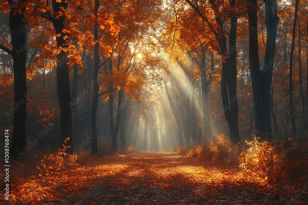 Poster sunbeams illuminate misty autumn forest path with colorful foliage