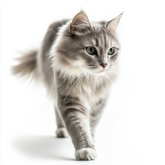 Obraz premium Gray Fluffy Cat Walking on White Background