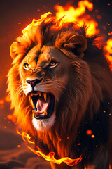 Naklejka premium Fiery Roaring Lion 3D Artwork Symbolizing Power and Strength