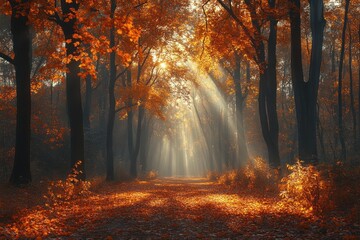 Sunbeams illuminate misty autumn forest path with colorful foliage