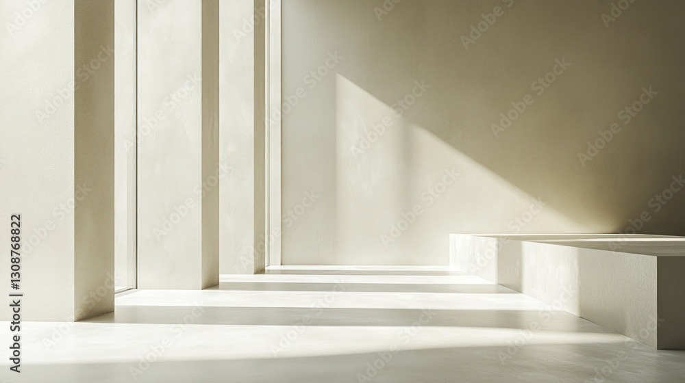 Poster sunlit minimalist interior with columns and platforms.