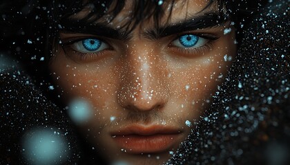 Staring eyes in snow flurry background