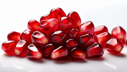 Macro shot of a pomegranate seed cluster, glowing with rich ruby-red color against a pure white backdrop, highlighting its jewel-like texture and natural shine.

