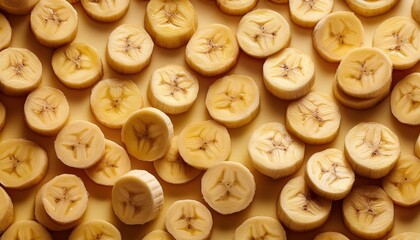 Macro shot of perfectly arranged banana slices, creating a seamless golden pattern with smooth texture, highlighting the natural curves and vibrant color of the fruit.
