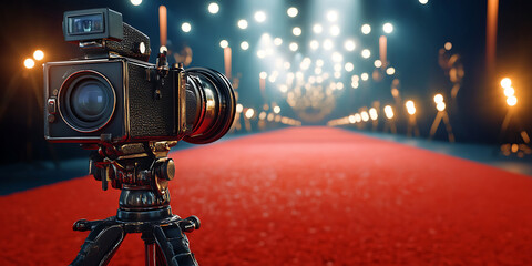 Classic Old Hollywood Red Carpet Premiere with Flashing Cameras and Glamour
