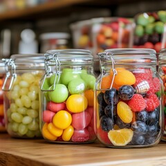 Colorful Assortment of Fresh Fruits in Clear Glass Jars on Wooden Table