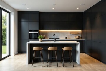 Fototapeta premium Sophisticated dark grey kitchen with integrated bar and wooden dining set , sophisticated, backdrop, integrated bar
