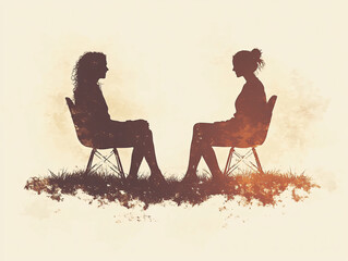 Silhouette Conversation: Two women, their silhouettes cast against a soft, textured backdrop, sit in modern chairs engaged in an intimate conversation. The image evokes a sense of connection.
