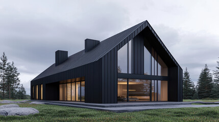 Obraz premium Modern black house with large windows and sloped roof, surrounded by trees