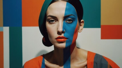 Woman portrait with blue face paint and orange lipstick against colored geometric backdrop. Colorful headwear and matching clothes.