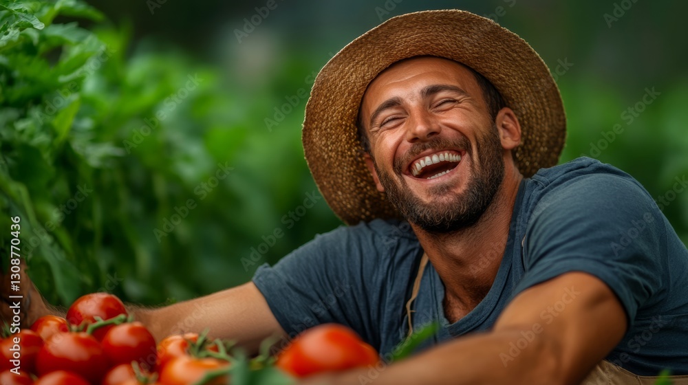 Poster man is smiling and laughing while holding a basket of tomatoes