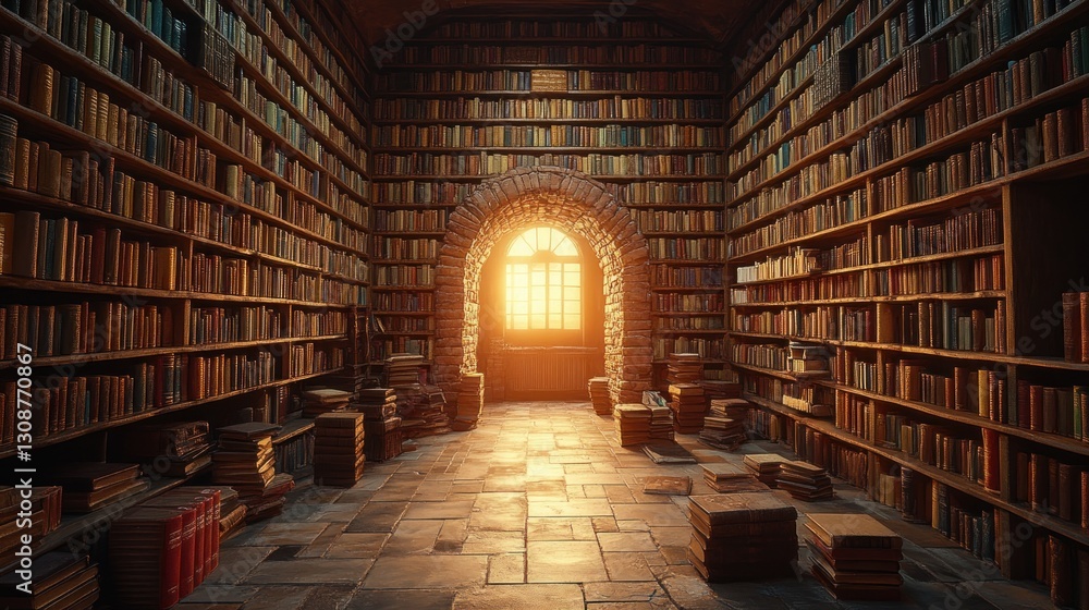 Poster sunlit archway in ancient library with stacked books