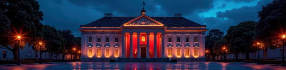 Fototapeta premium Dramatic night scene, illuminated facade, architectural detail, dark, classic, real estate