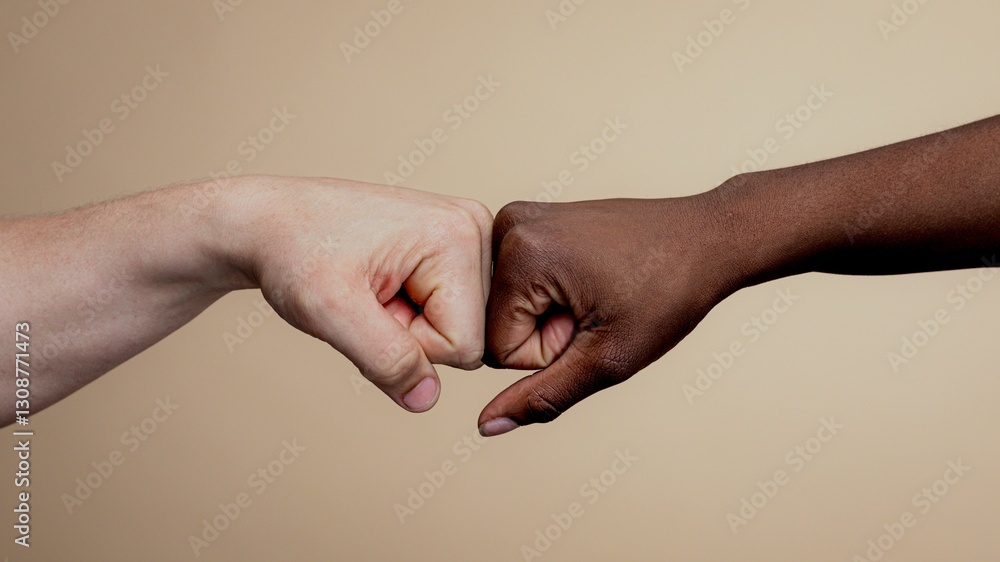 Poster two hands, one light-skinned and one dark-skinned, fist bumping. unity and diversity symbolized by h