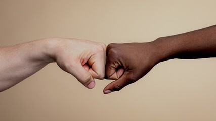 Two hands, one light-skinned and one dark-skinned, fist bumping. Unity and diversity symbolized by...
