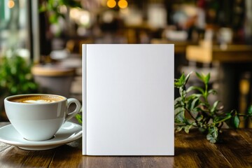  White hardcover book mockup on cozy coffee shop table. Minimalistic mockup for design and printing