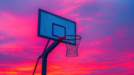 A basketball hoop faces a vibrant sunset sky with clouds