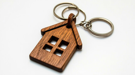 Keys with a wooden house keychain on a black background