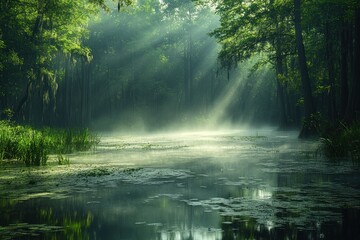 Naklejka premium Sunrise mist over swamp river in lush forest