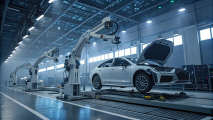 A futuristic vehicle inspection bay featuring advanced robotic arms scanning and analyzing every detail of a car, from the engine to wheels, with digital screens displaying real-time diagnostic data.