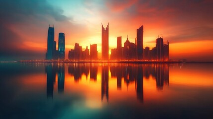 Obraz premium Silhouette of a city reflecting onto the tranquil water at sunset