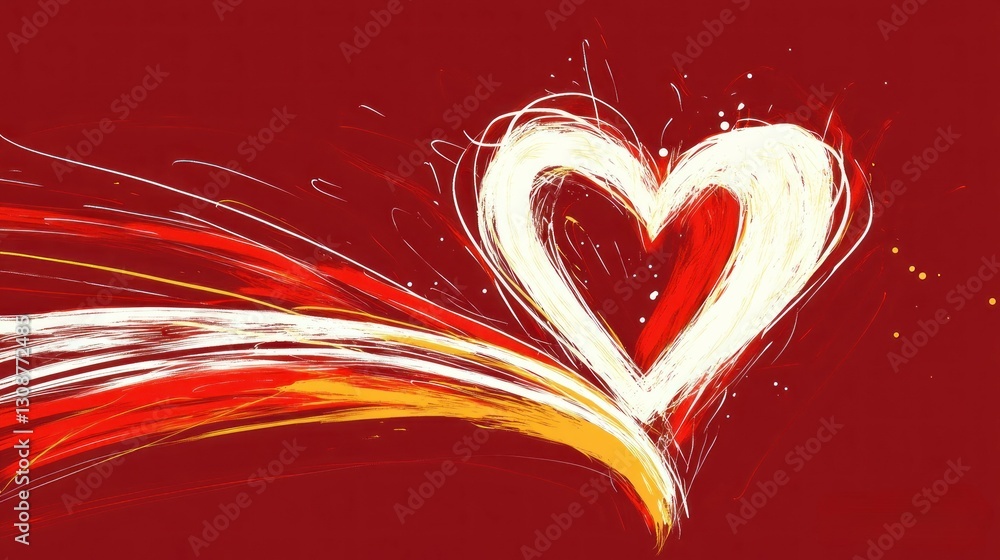 Poster a stylized heart with flowing strokes on a red background