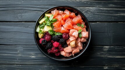 Barf Diet. Natural Organic Raw Dog Food with Salmon, Pork, Egg, Fruits and Vegetables in Bowl on Black Wooden Background