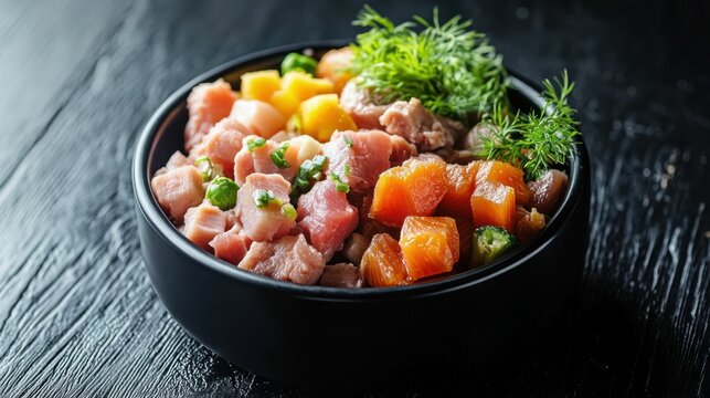 Barf Diet. Natural Organic Dog Food Bowl with Salmon, Pork, Egg, Fruits and Vegetables on Black Wooden Background
