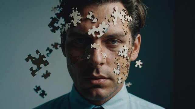 Man portrait with puzzle pieces on face and background. Serious look, blue shirt, brown hair, puzzle theme, concept of mind and brain, AI generated