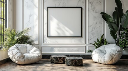 A mockup of an empty black frame on the wall, the room is white with marble-patterned furniture, and there's a large window. The frame hangs above two square, floral coffee tables.