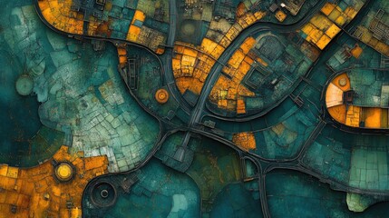 Intricate patterns of urban layout in vibrant colors create mesm