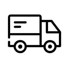 Truck, delivery, van, shipping, transport, vehicle, icon, symbol, line, outline. Simple line art depicting a delivery truck, symbolizing shipping and transportation services.