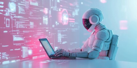 Futuristic Robot Programmer Working on a Laptop with Holographic Data Interface