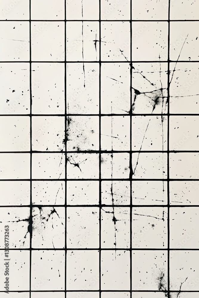 Poster chaotic ink splatters disrupt orderly grid, creating dynamic vis