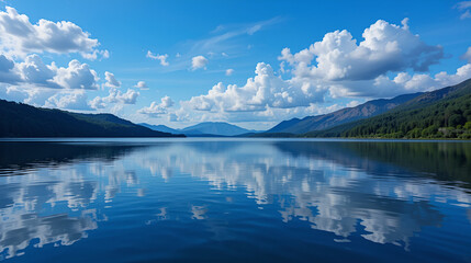 beautiful blue lake view, blue sky with white clouds reflections on the lake surface