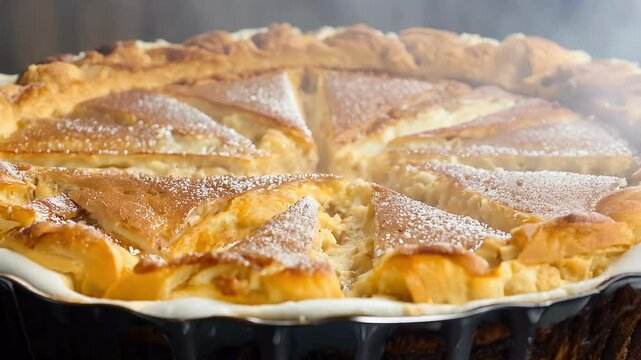 warm inviting apple pie fresh oven golden crust glistening camera slowly pans delicious textured surface