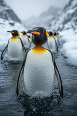 Fototapeta premium Majestic King Penguins in the Glacial Waters of Antarctica Expedition