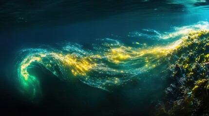 Fototapeta premium Underwater Glowing Light Stream Flows Near Coral Formation