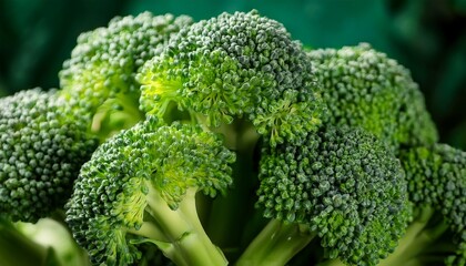 Macro close-up of fresh broccoli florets, highlighting the intricate branching structure and vibrant green color, showcasing the natural texture and freshness of this healthy vegetable.
