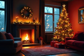 Naklejka premium Stylish room, decorated fireplace, glowing Christmas tree, decoration, christmas tree lights